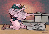 Fat hairy man in a speedo with guns and Guitar Hero controllers