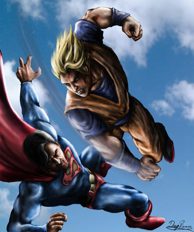 Goku and Superman duel in the skies