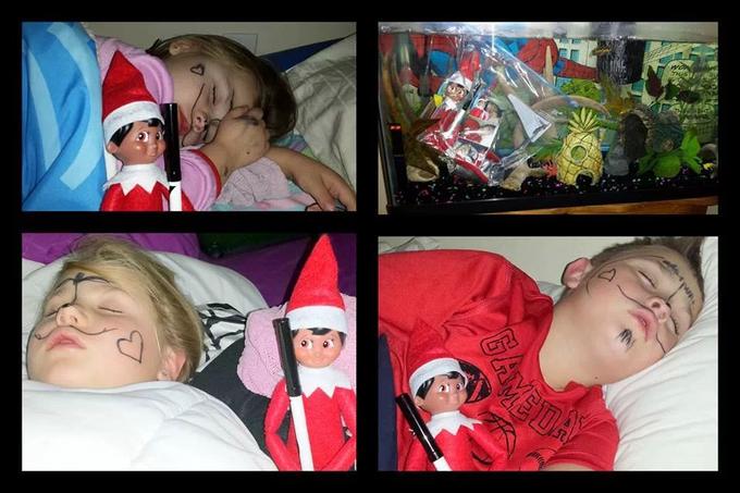 Collage of Elf On The Shelf which drew on a kids face with magic marker