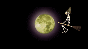 Animated skeleton  wearing a witch's hat flying around on a borrowed witches broom in front of a full moon  
