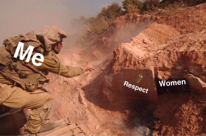 soldier throwing a respect women hand grenade into a hole