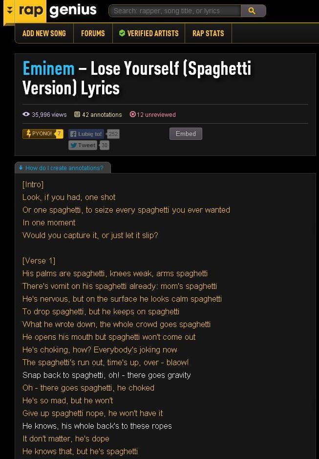 Eminem - Lose Yourself (Spaghetti Version) Lyrics | Mom's Spaghetti ...