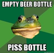 Foul-bachelor-frog-empty-beer-bottle-piss-bottle