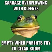 Foul-bachelor-frog-garbage-overflowing-with-kleenex-empty-when-parents-try-to-clean-room
